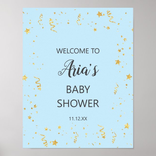 Gold Celebration sur Blue Baby shower Affiche de b (Devant)