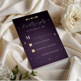 Gold Celestial Lila Galaxy Cosmic Wedding RSVP Karte