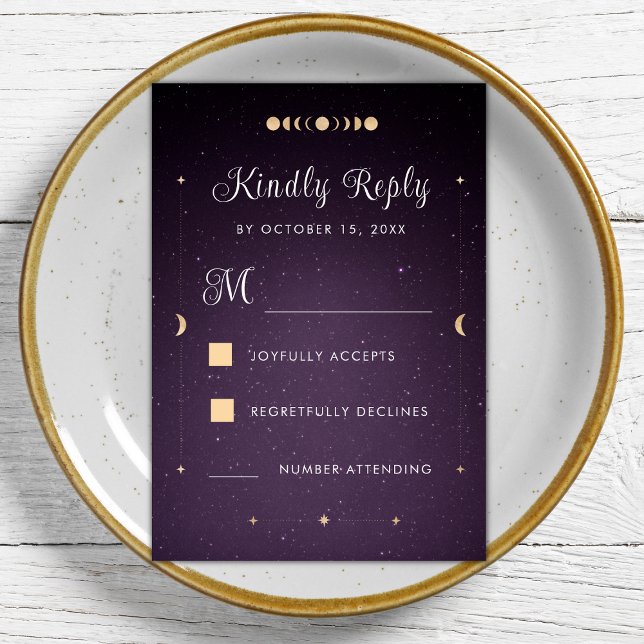 Gold Celestial Lila Galaxy Cosmic Wedding RSVP Karte (Von Creator hochgeladen)