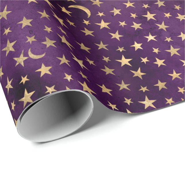 Gold Celestial Moon and Stars Dunkel Lila Geschenkpapier (Rolleneckpunkt)