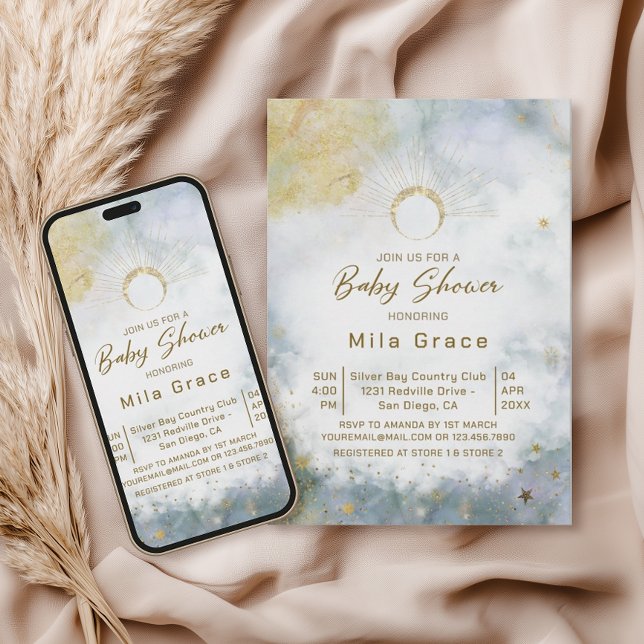Gold Celestial Sky Watercolor Babydusche Einladung (Von Creator hochgeladen)
