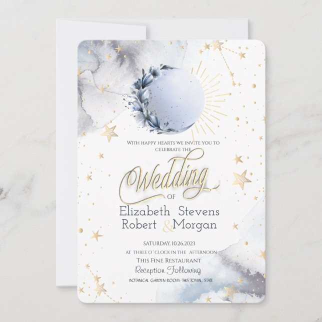 Gold Celestial Sun, Moon Moon, Stars Hochzeit Einladung (Vorderseite)