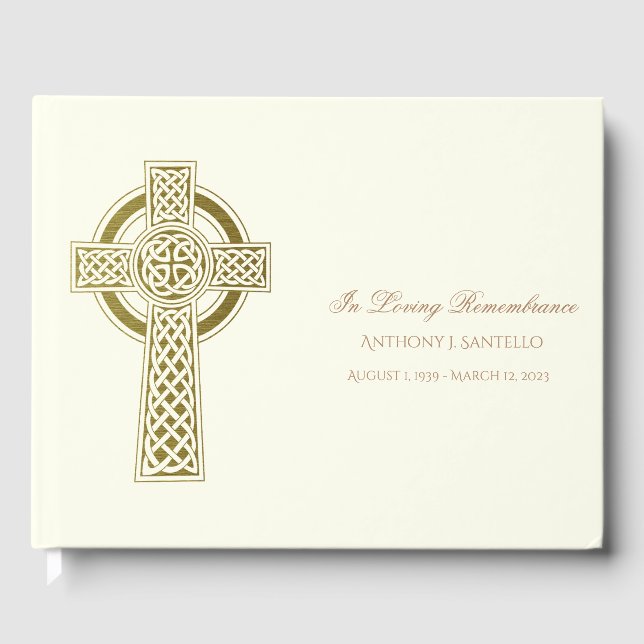 Gold Celtic Cross Irish Memorial Beerdigung Gästebuch (Vorderseite)