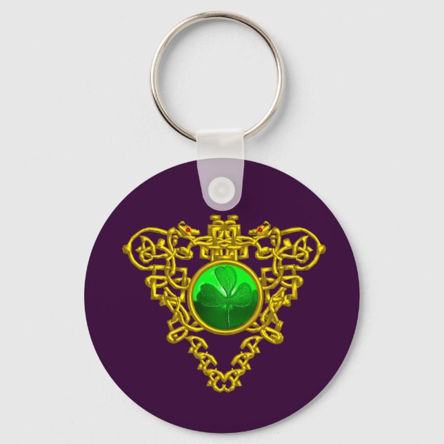 GOLD CELTIC HERZ, KLEEBLATT St Patrick's Day Lila Schlüsselanhänger (Vorderseite)