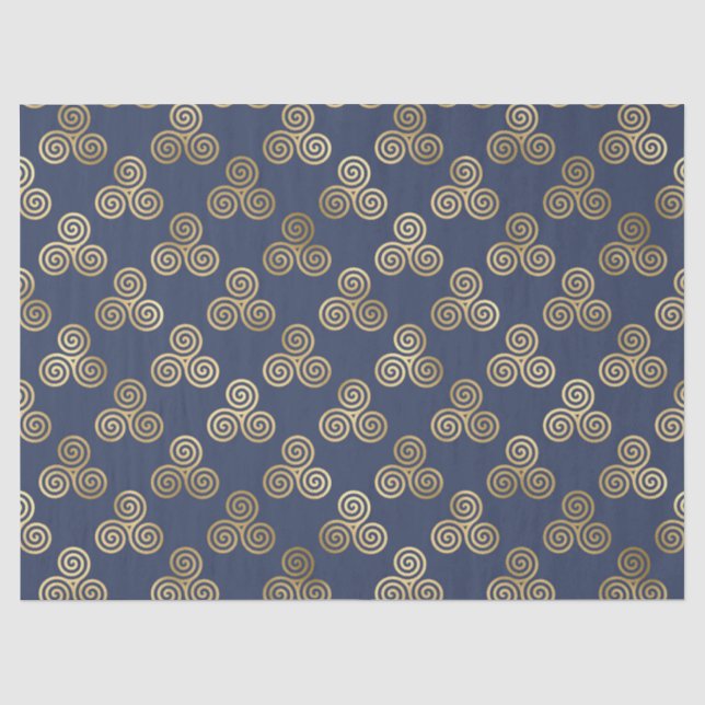 Gold Celtic Triskele Spiralen auf Navy Blue Seidenpapier (Vorderseite)