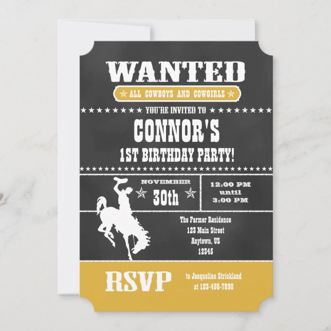 Gold Chalkboard Cowboy Einladung zum Geburtstag (Vorderseite)