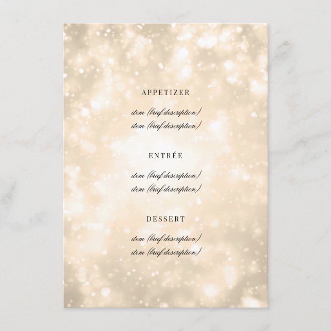 Gold Champagne Bokeh Elegantes Hochzeitsmenü Menükarte (Vorderseite)