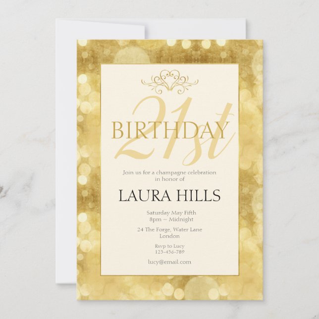 Gold Champagne Bubbles 21. Geburtstag Einladung (Vorderseite)