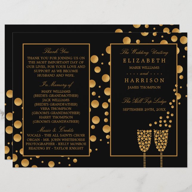 Gold Champagne Bubbles BlackGold Wedding Program (Vorne/Hinten)