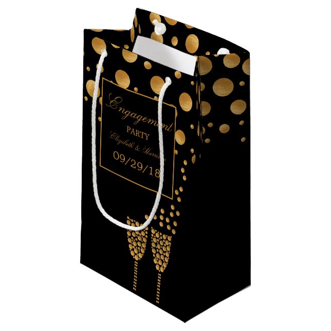 Gold Champagne Bubbles Engagement Party Kleine Geschenktüte (Vorderseite Schrägansicht)