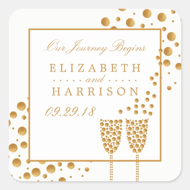 Gold Champagne Bubbles Wedding Quadratischer Aufkleber (Vorderseite)