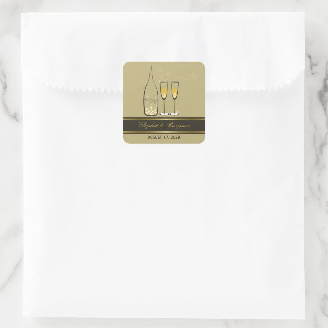 Gold Champagne Bubbly Cheers Chic Wedding Party Quadratischer Aufkleber (Tasche)