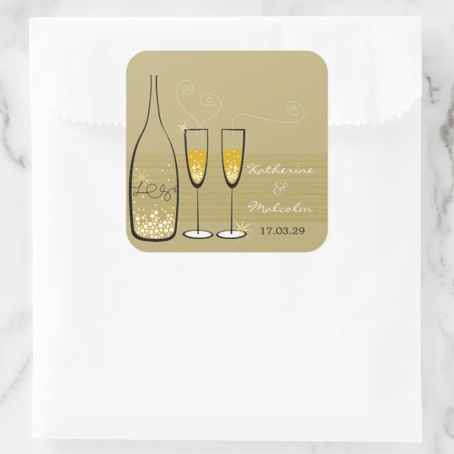 Gold Champagne Bubbly Cheers Stylish Wedding Party Quadratischer Aufkleber (Tasche)
