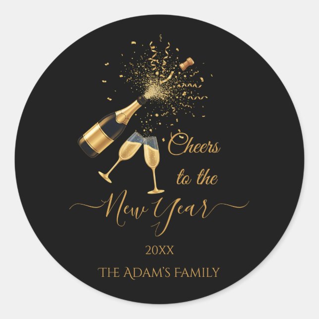 Gold Champagne Cheers New Year Party  Runder Aufkleber (Vorderseite)