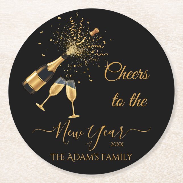  Gold Champagne Cheers New Year Runder Pappuntersetzer (Vorderseite)
