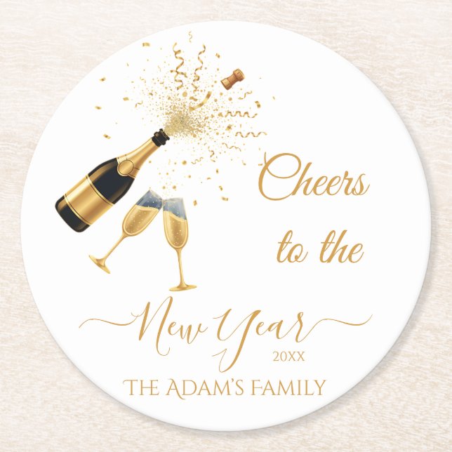  Gold Champagne Cheers New Year Runder Pappuntersetzer (Vorderseite)
