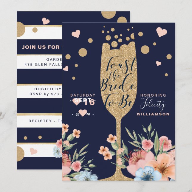 Gold Champagne | Florals & Stripe Brautparty Einladung (Vorne/Hinten)