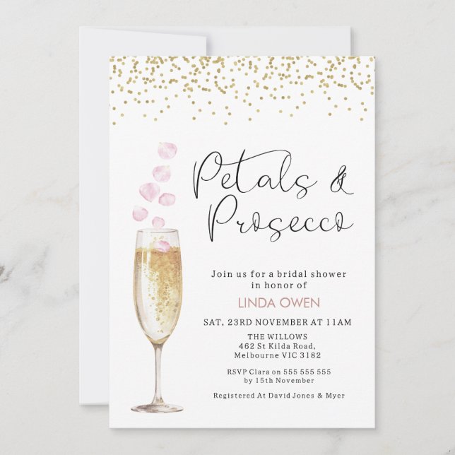 Gold Champagne Glass Rose Petals Brautparty Einladung (Vorderseite)