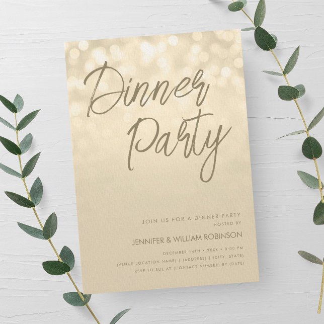 Gold Champagne Lights Script Dinner Party Einladung (Gold Champagne Lights Script Dinner Party Invitation)