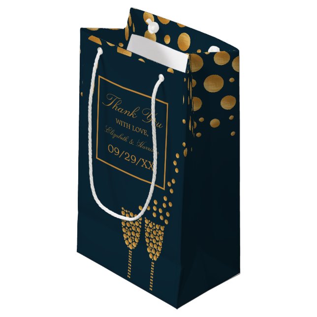 Gold Champagner Bubbles, Blue & Gold Wedding Kleine Geschenktüte (Vorderseite Schrägansicht)