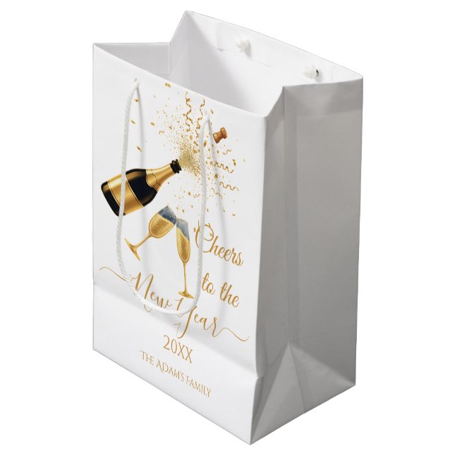 Gold Champagner Prost Neujahr Mittlere Geschenktüte (Vorderseite Schrägansicht)