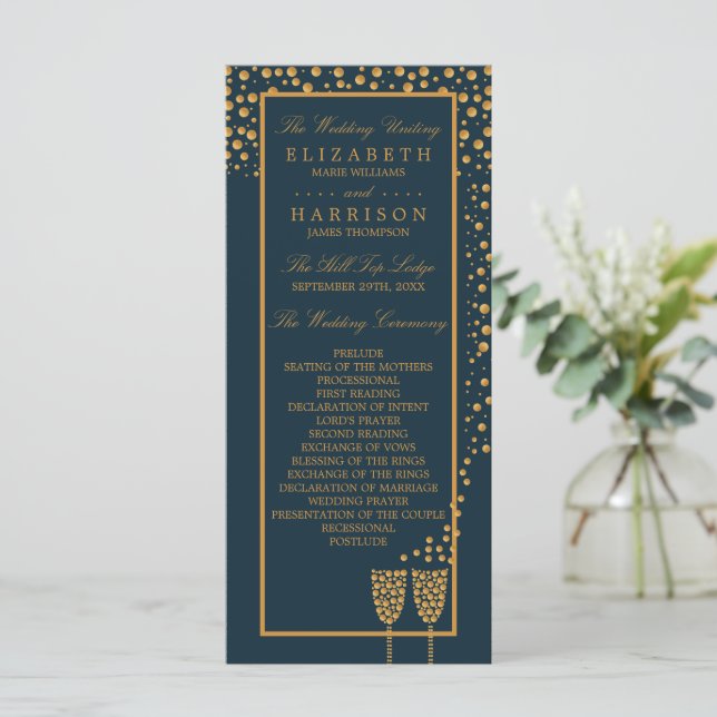 Gold Champagnerbläschen - Blau & Gold - Hochzeit Programm (Stehend Vorderseite)