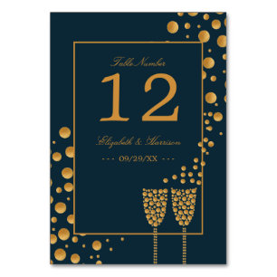 Gold Champagnerbläschen - Blau & Gold - Hochzeit Tischnummer
