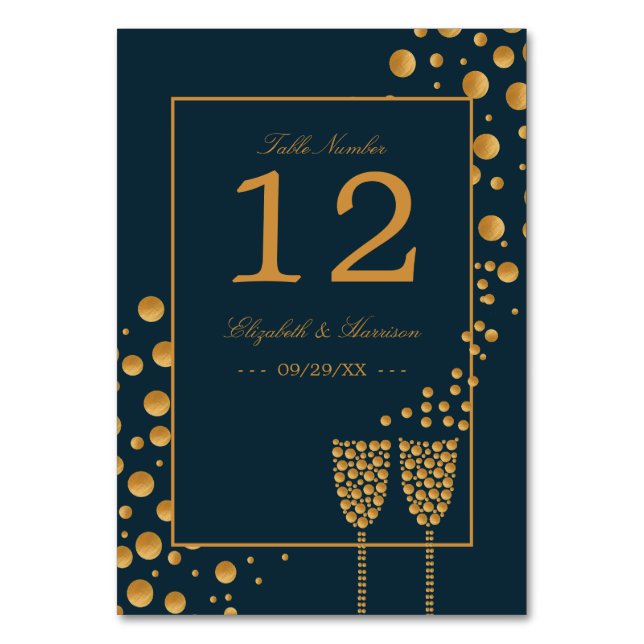 Gold Champagnerbläschen - Blau & Gold - Hochzeit Tischnummer (Vorderseite)