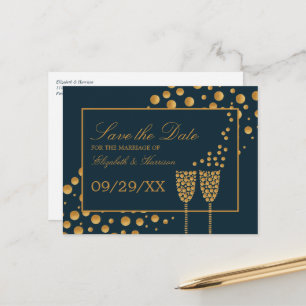 Gold Champagnerbläschen, Blue & Gold, Save the Dat Ankündigungspostkarte