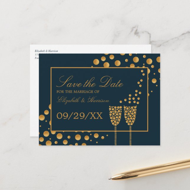 Gold Champagnerbläschen, Blue & Gold, Save the Dat Ankündigungspostkarte (Vorderseite/Rückseite Beispiel)