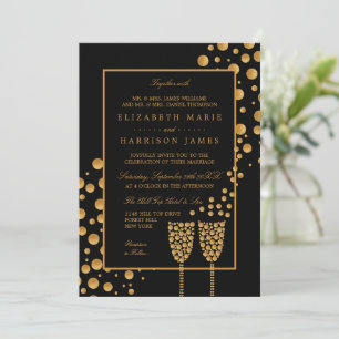 Gold Champagnerbläschen - Schwarz & Gold - Hochzei Einladung