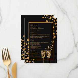 Gold Champagnerbläschen - Schwarz & Gold - Hochzei Menükarte