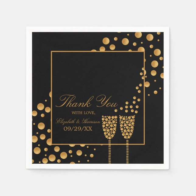 Gold Champagnerbläschen - Schwarz & Gold - Hochzei Serviette (Vorderseite)