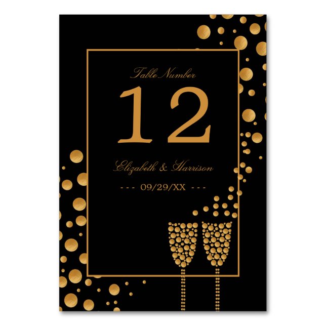 Gold Champagnerbläschen - Schwarz & Gold - Hochzei Tischnummer (Vorderseite)