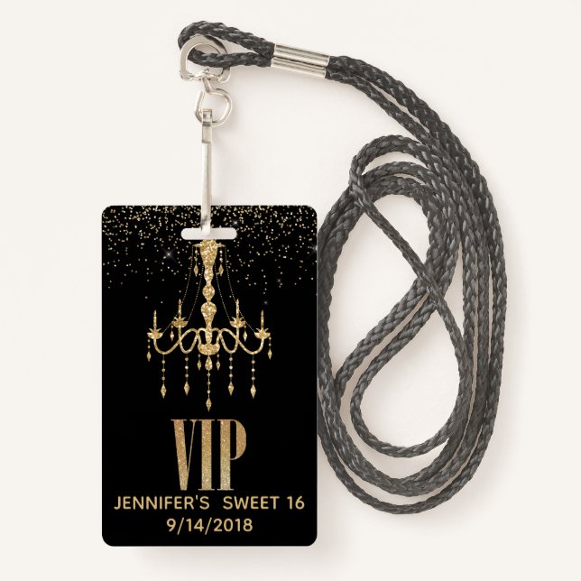 Gold Chandelier Sweet 16 Party VIP Abzeichen Ausweis (Vorderseite mit Schlüsselband)