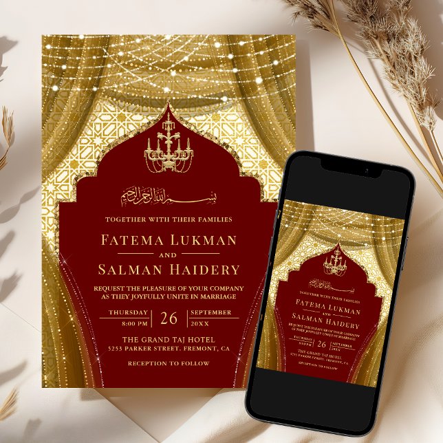 Gold Chandelier Vorhang Red Muslim Hochzeit Einladung (Von Creator hochgeladen)