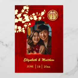 Gold Cherry Blossom Red | Chinesische Hochzeit | F Folieneinladung