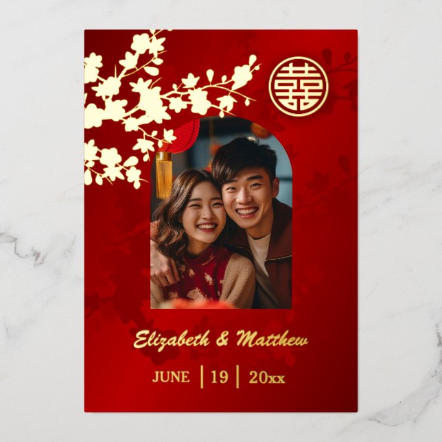 Gold Cherry Blossom Red | Chinesische Hochzeit | F Folieneinladung (Vorderseite)