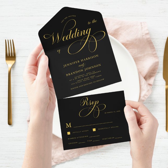 Gold Chic Calligraphy Black Classy Elegante Hochze All In One Einladung (Von Creator hochgeladen)