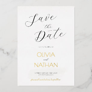 Gold Chic Script Hochzeit Speichern Sie die Datums Folien Feiertagskarte