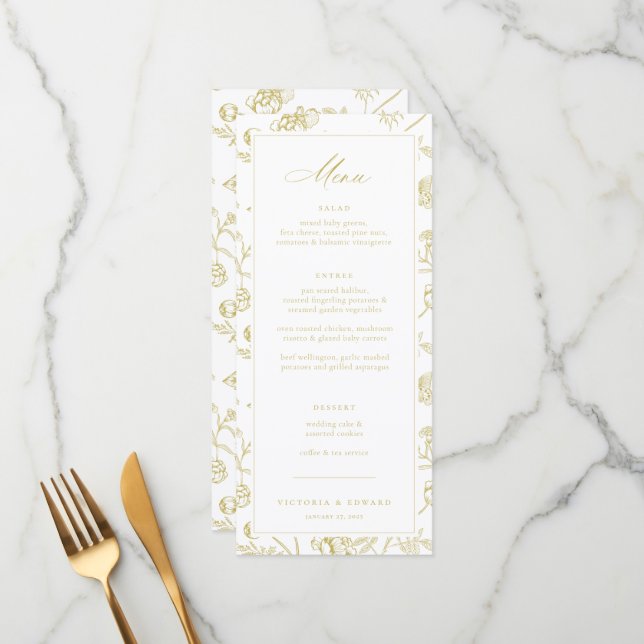 Gold Chinoiserie Floral Wedding Menükarte (Vorderseite/Rückseite Beispiel)