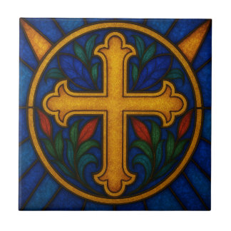 Gold Christian Cross Stained Glass Ceramic Tile Fliese