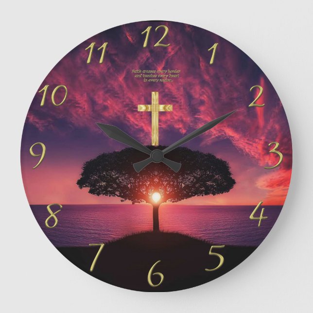 Gold Christian Faith cross with funny saying Große Wanduhr (Vorderseite)