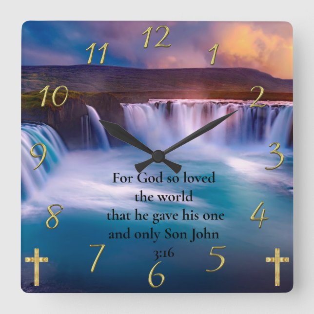 Gold Christlich Faith Gebet John 3:16 Quadratische Wanduhr (Vorderseite)