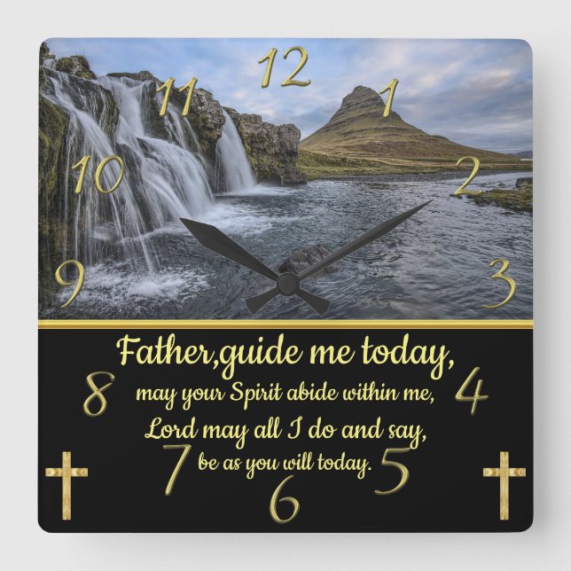Gold Christlicher Glaube mit gelblichem Wasserfall Quadratische Wanduhr (Vorderseite)