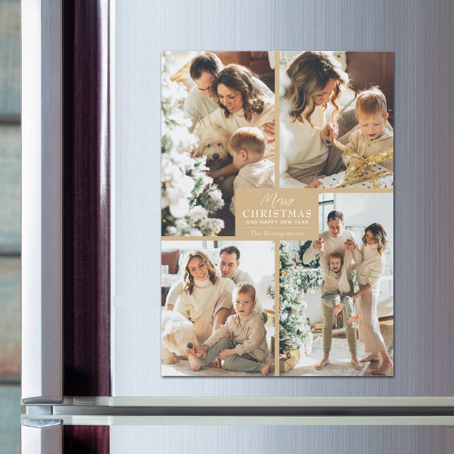 Gold Christmas 4 Fotocollage Magnetkarten Magnetkarte (Magnetic greeting cards with Merry Christmas and 4 photos with a gold border)