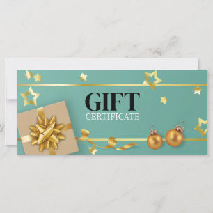 Gold Christmas Ball Turquoise Stars Ribbon Carte c