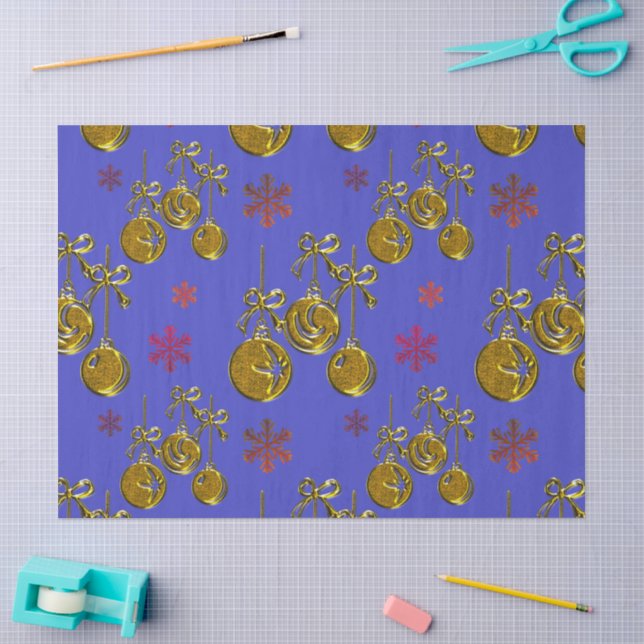 Gold Christmas Baubles auf Blue Christmas Seidenpapier (Basteln)