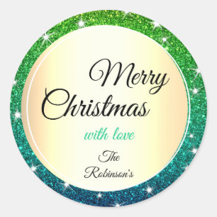 Gold Christmas Green Blue Gradient Glitzer Stars Runder Aufkleber