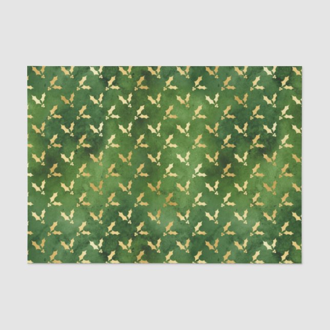Gold Christmas Holly on Green Seidenpapier (Vorderseite)